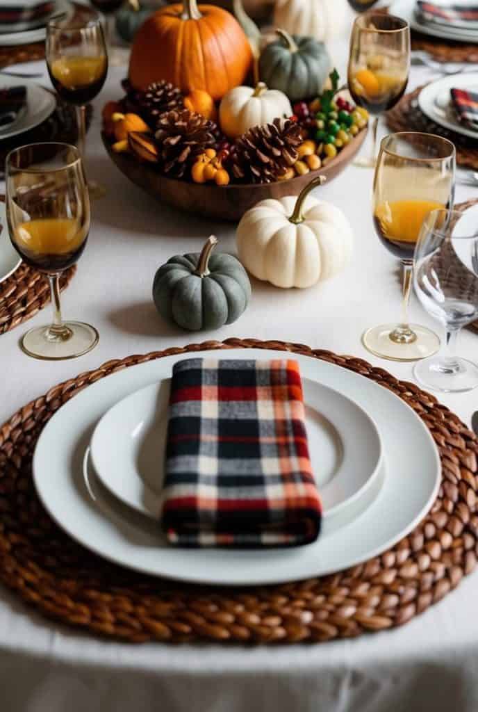 A Thanksgiving table setting featuring a white tablecloth with a woven placemat, white plates, and a plaid napkin. The centerpiece includes small pumpkins, pine cones, and colorful berries in a wooden bowl. Wine glasses half-filled with orange liquid are placed around the table.
