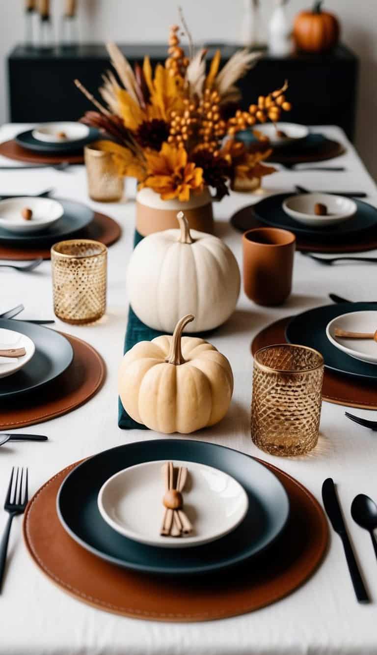 A fall-inspired table setting with white and orange pumpkins as centerpieces, surrounded by elegant tableware, including dark blue plates on brown chargers, glass tumblers, and black cutlery on a white tablecloth. A seasonal floral arrangement featuring autumn colors is in the center of the table.