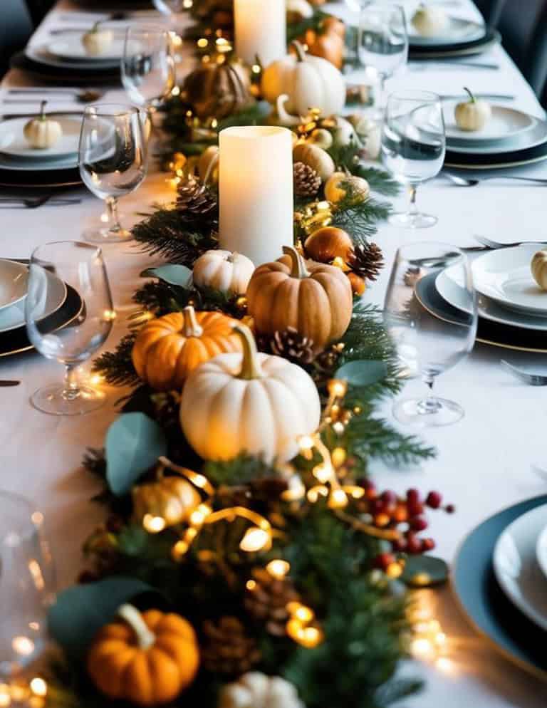 A festive dining table decorated for fall, featuring white and orange pumpkins, pinecones, and greenery, illuminated by small string lights and tall white candles. The table is set with plates, glassware, and silverware arranged neatly around the centerpiece.
