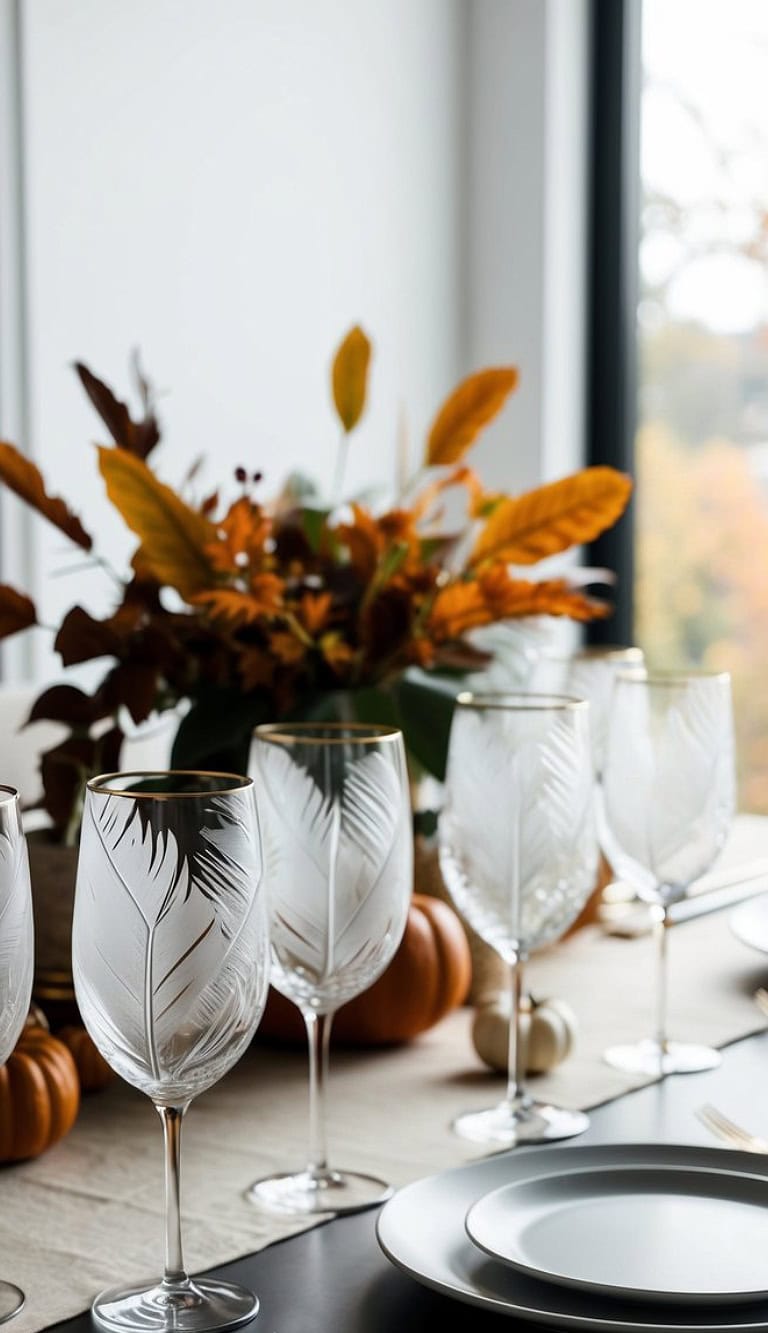 A dining table set with crystal glasses featuring a leaf pattern, surrounded by a fall-themed centerpiece with orange and brown leaves, small pumpkins, and white dinner plates.