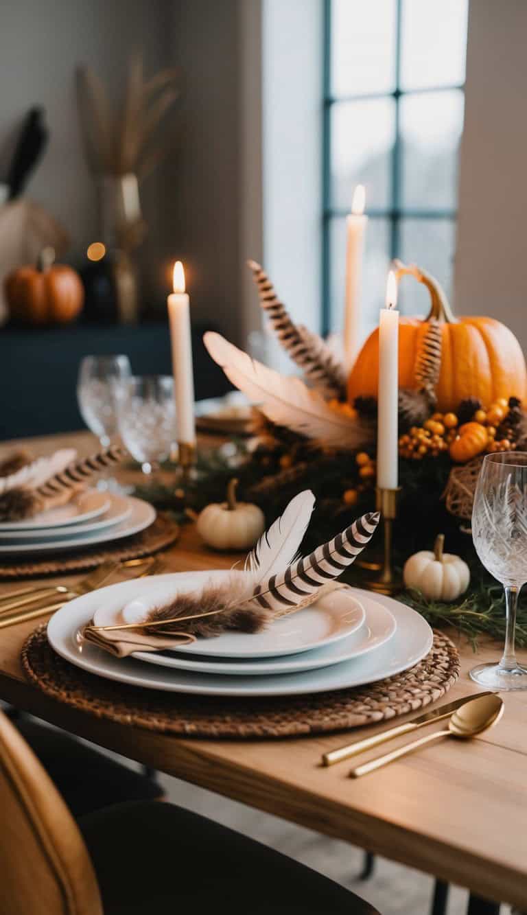 A festive fall-themed table setting with stacked white plates and gold cutlery on woven placemats. Each setting includes decorative feathers, while a centerpiece features orange pumpkins, white candles, and autumn foliage.
