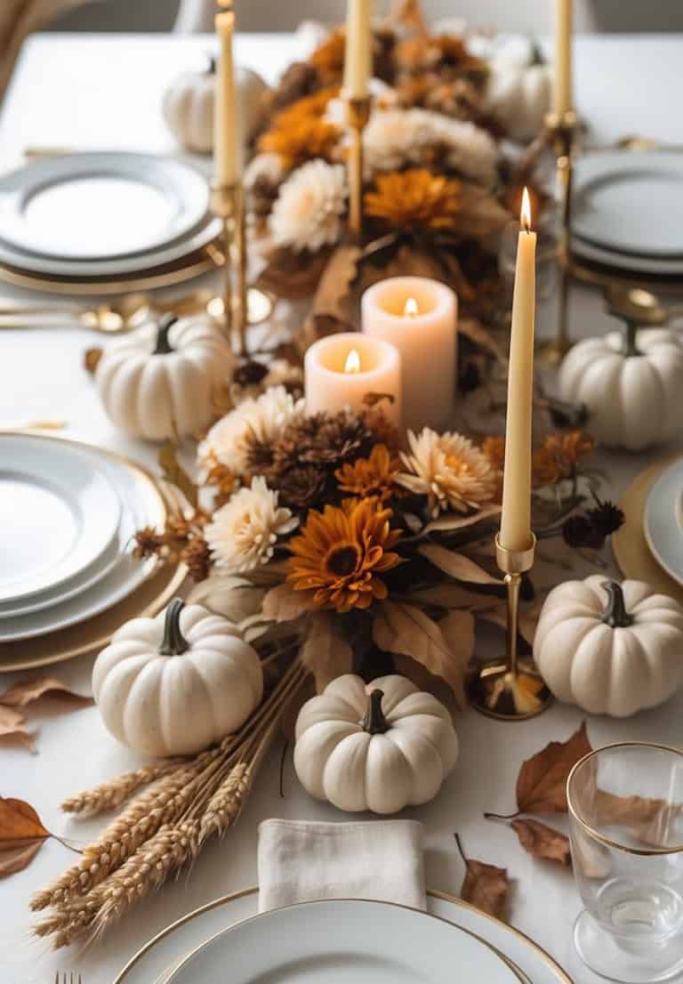 Elegant autumn-themed table setting with white plates, surrounded by mini white pumpkins, candles, and a centerpiece of dried flowers and leaves.