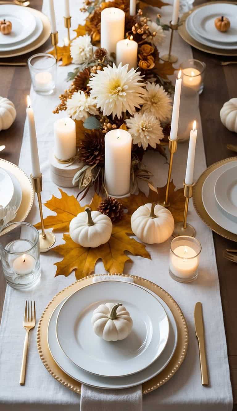 A beautifully arranged fall-themed table setting with white plates and gold utensils. Each setting features a small white pumpkin on the plate, surrounded by lit candles and autumn leaves. The centerpiece is a floral arrangement with white flowers and pumpkins.