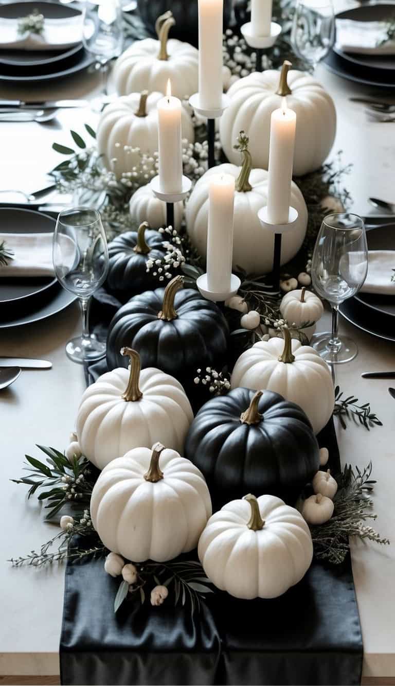A sophisticated dining table centerpiece featuring white and black pumpkins, white candles, and sprigs of greenery and small flowers arranged on a black satin runner.