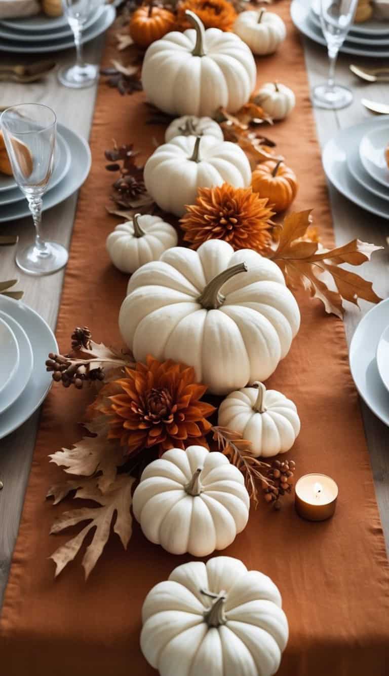 A fall-themed table centerpiece with white pumpkins, orange flowers, autumn leaves, and a small candle on an orange table runner.