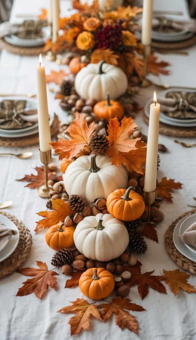 A festive autumn table setting features white and orange pumpkins, pinecones, autumn leaves, and tall white candles arranged as a centerpiece on a white tablecloth, with plates and napkins set for a meal.