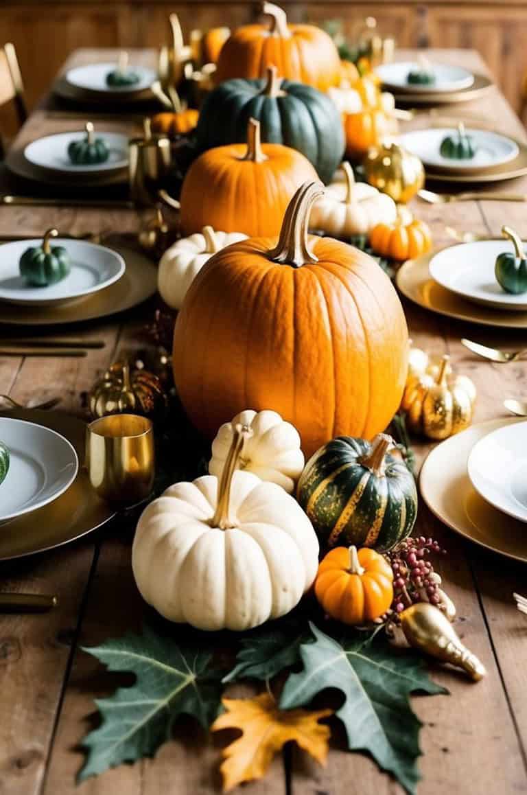 A festive autumn table centerpiece featuring a variety of pumpkins in orange, white, and green, surrounded by fall leaves and decorative gold elements. The table is set with plates and gold-colored flatware, creating a warm, seasonal atmosphere.