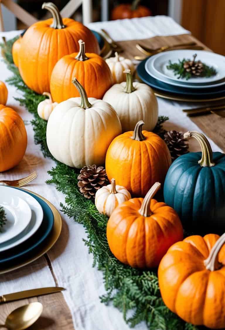 A fall-themed table setting with small pumpkins in orange, white, and blue, arranged down the center alongside pinecones and greenery, surrounded by plates and gold cutlery.