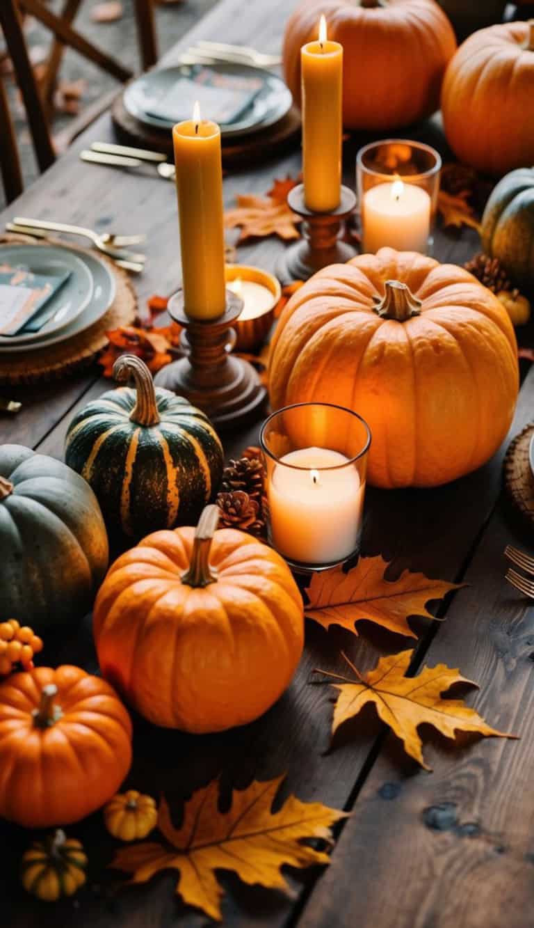A fall-themed table setting featuring orange and green pumpkins, lit candles, and autumn leaves on a wooden table.