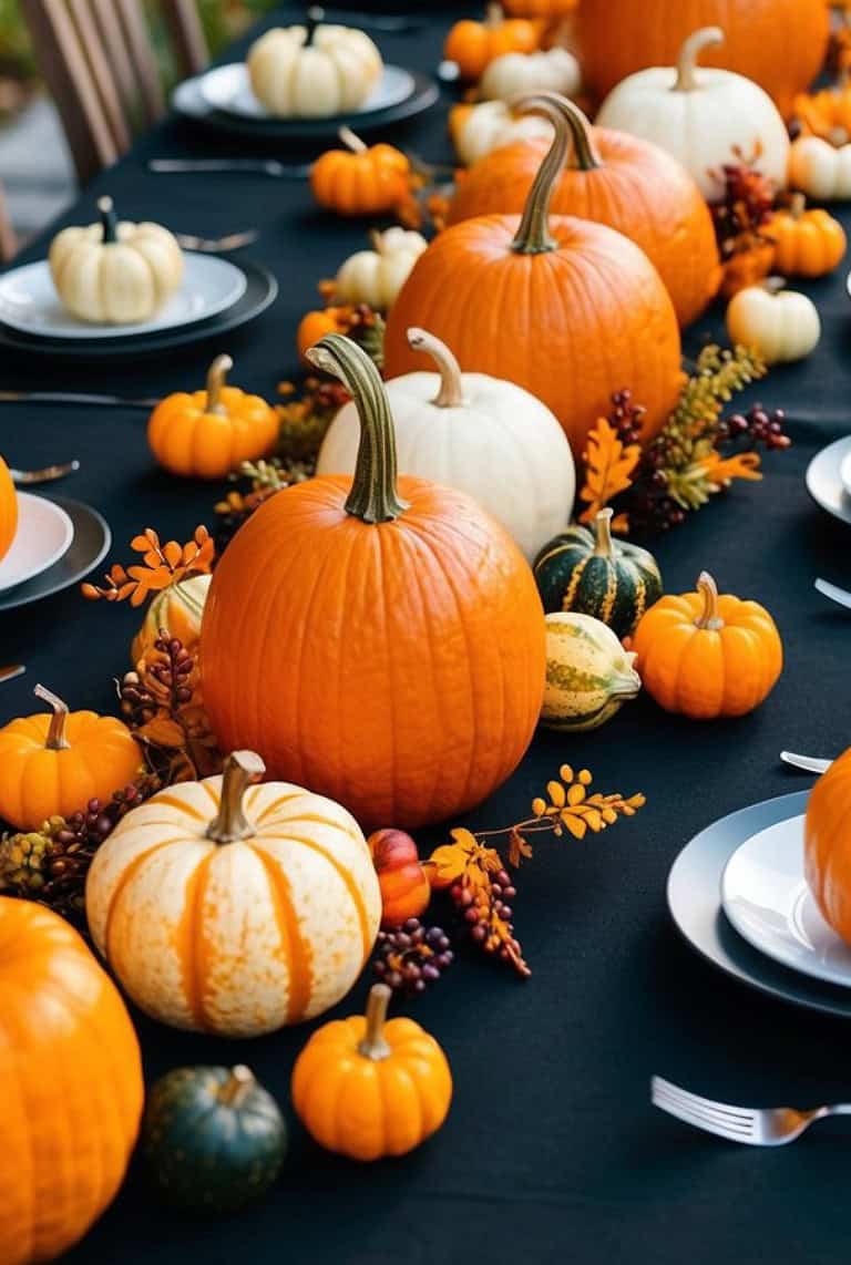 A fall-themed table centerpiece featuring a variety of pumpkins in orange, white, and green colors, arranged alongside autumn leaves and berries on a black tablecloth, with place settings of white plates and silver forks on either side.