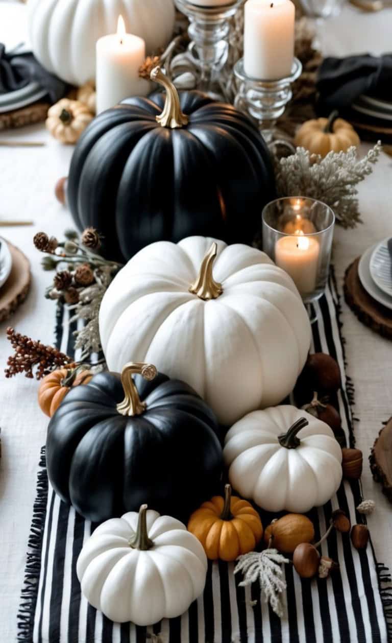 A decorative arrangement of black, white, and orange pumpkins with gold stems, surrounded by acorns and dried foliage on a black and white striped tablecloth, with lit candles in the background.