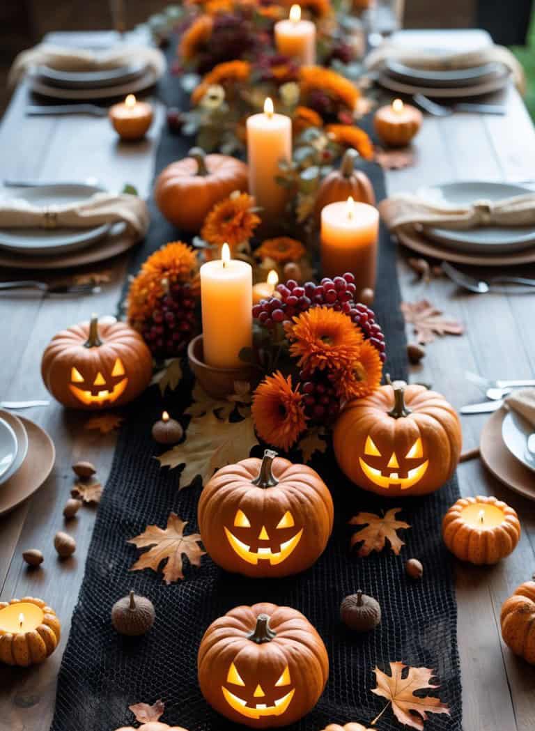 A festive dining table decorated for Halloween with carved jack-o'-lanterns, orange flowers, and lit candles. The table is set with plates, cutlery, and napkins, while autumn leaves and acorns are scattered across the surface, creating an inviting autumnal atmosphere.