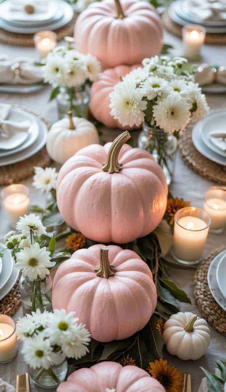 A beautifully arranged autumn table setting featuring pastel pink pumpkins, white flowers in glass vases, and lit candles alongside neatly set plates and napkins on a woven placemat.
