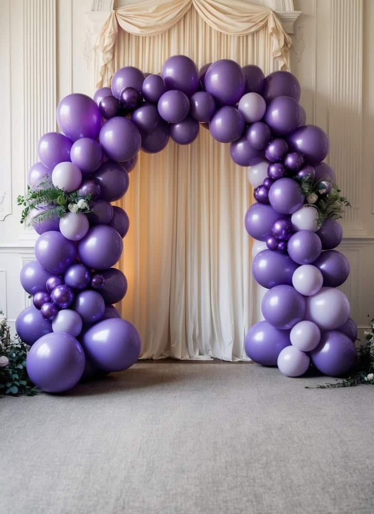 A decorative arch made of various shades of purple balloons, adorned with greenery, placed against a cream-colored curtain backdrop in an elegant setting.