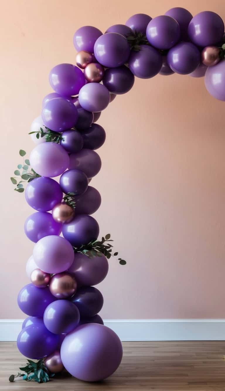 A decorative balloon arch featuring various shades of purple and metallic balloons, adorned with green leaves, set against a light peach wall background on a wooden floor.