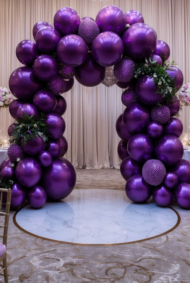 A large arch made of shiny purple balloons, decorated with some green foliage, stands on a circular marble platform in an elegantly draped room.