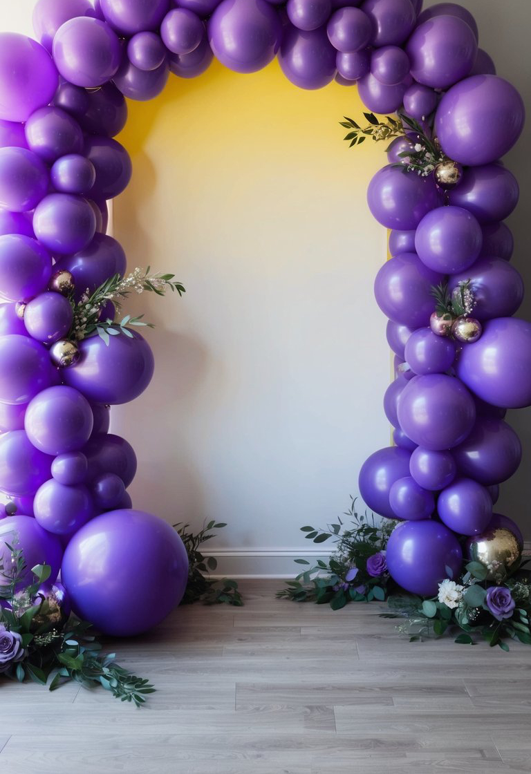 A decorative archway made of clusters of large and small purple balloons, accented with green foliage and white flowers, set against a light-colored wall on a wooden floor.