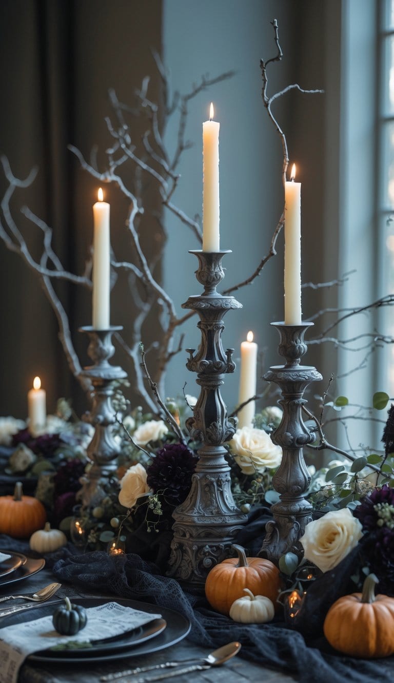 A rustic table setting with ornate metal candle holders, tall white candles, and fall-themed decor including mini pumpkins, dark tableware, and floral arrangements featuring white roses and dark flowers.