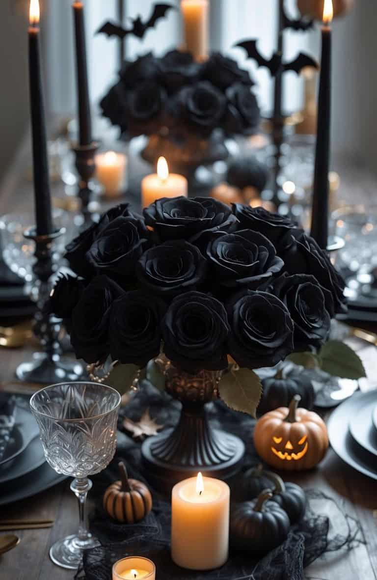 A Halloween-themed table setting featuring a bouquet of black roses as the centerpiece, surrounded by lit candles and small decorative pumpkins. Bat-shaped decorations and black candlesticks complete the spooky ambiance.
