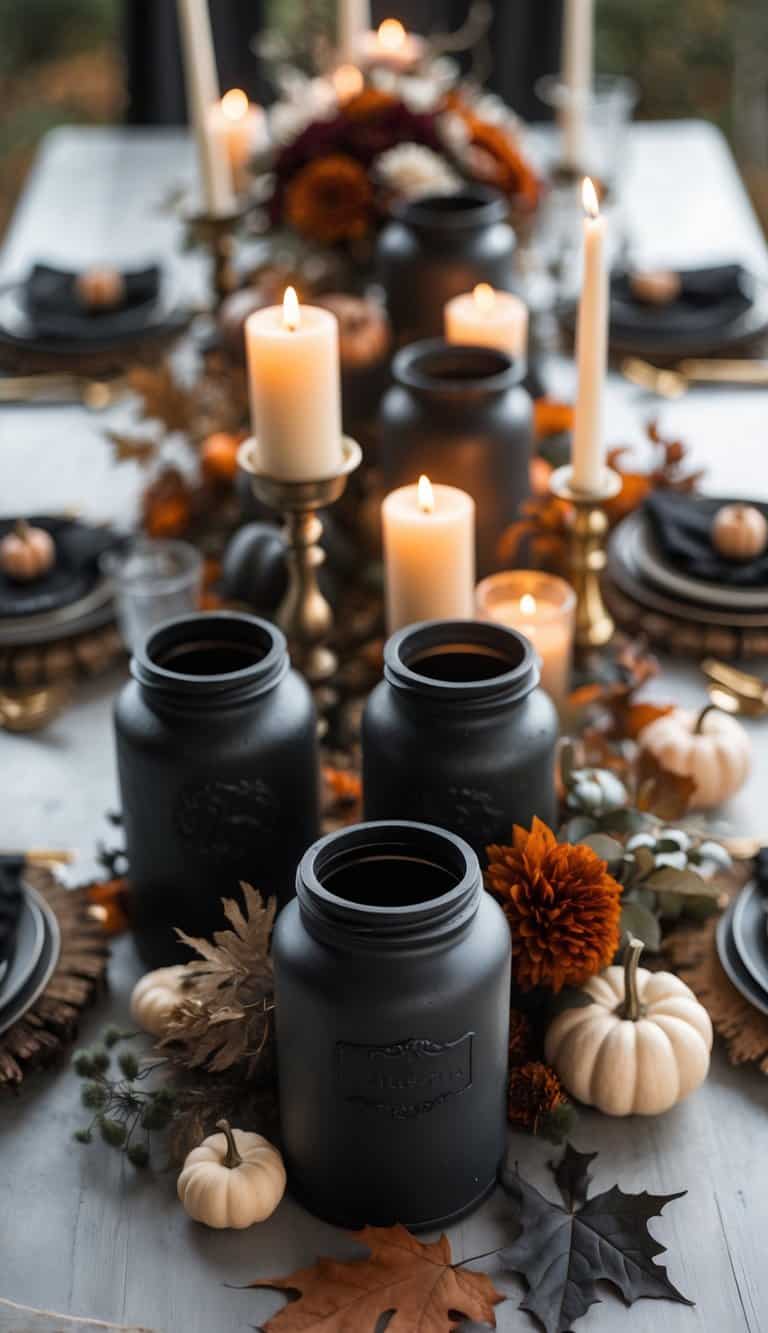 A stylish autumn-themed table setting featuring black jars, white pumpkins, orange flowers, and tall white candles on a grey table.