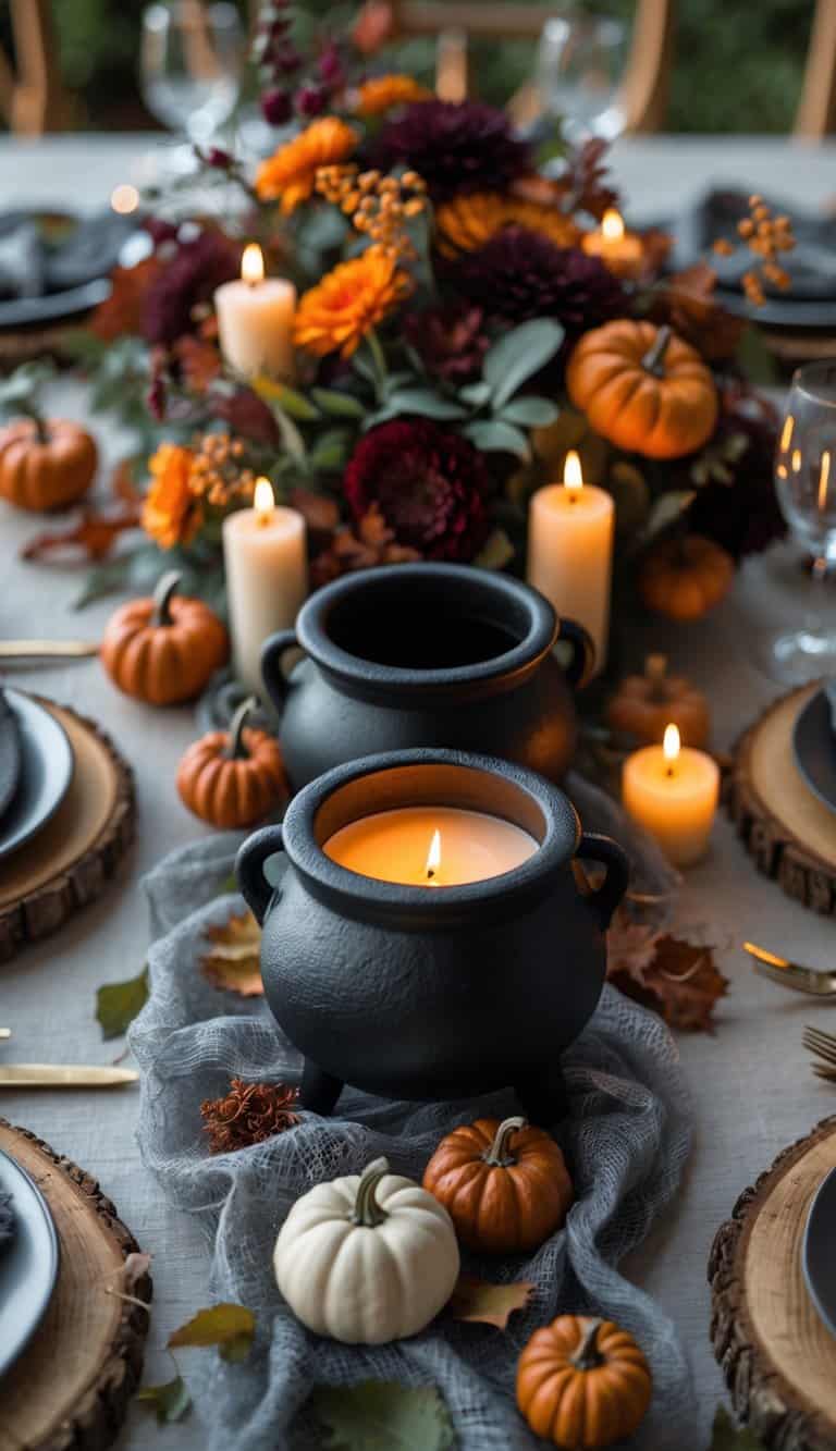 A festive autumn table setting featuring small black candlelit cauldrons, surrounded by mini pumpkins, candles, and fall-themed decorations like leaves and vibrant flowers.