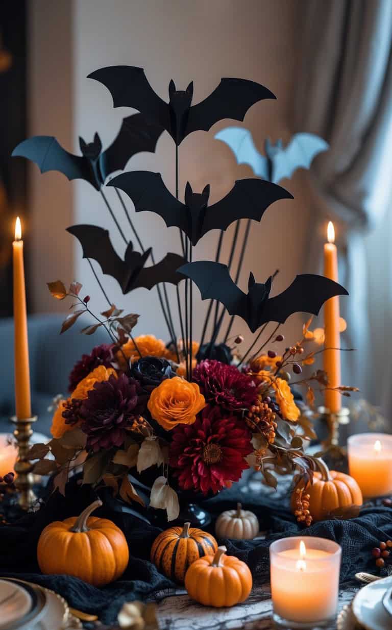 An elegant Halloween centerpiece featuring black paper bats on sticks, surrounded by orange and red flowers, small pumpkins, and lit candles on a table.