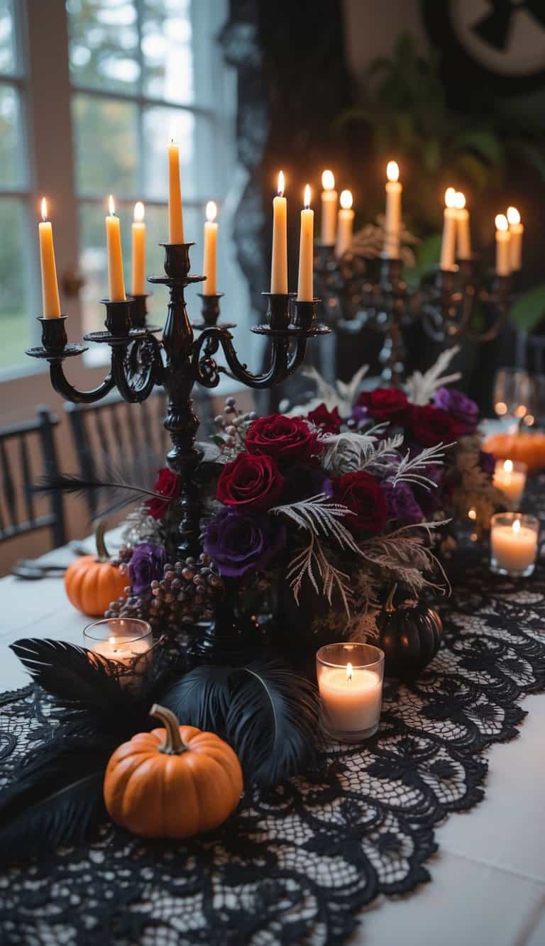 A Halloween-themed dining table decor featuring tall black candlesticks with lit candles, a floral arrangement of red and purple roses, small pumpkins, and black feathers on a black lace table runner.