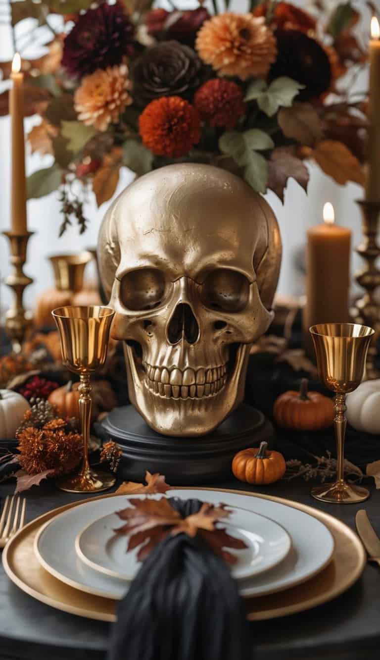 A Halloween-themed table setting featuring a golden skull centerpiece surrounded by candles, small pumpkins, and fall-colored flowers. Elegant gold goblets frame the setting, and a black napkin with a brown leaf is placed on a white plate.