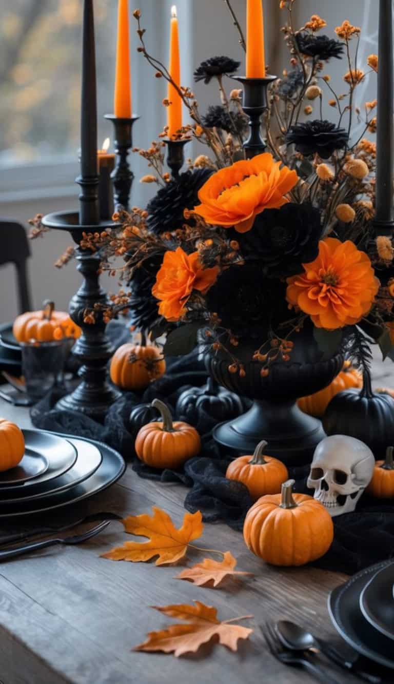 A Halloween-themed dining table decorated with small orange pumpkins, black and orange flowers, a skull ornament, and tall orange candles in black candlesticks. The table settings include black plates and cutlery, with fall leaves scattered around.