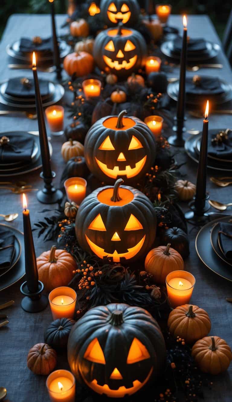 A Halloween-themed table setting with carved jack-o'-lanterns glowing warmly among black candles, dishes, and silverware. Small pumpkins and seasonal foliage decorate the table, creating a festive and spooky atmosphere.