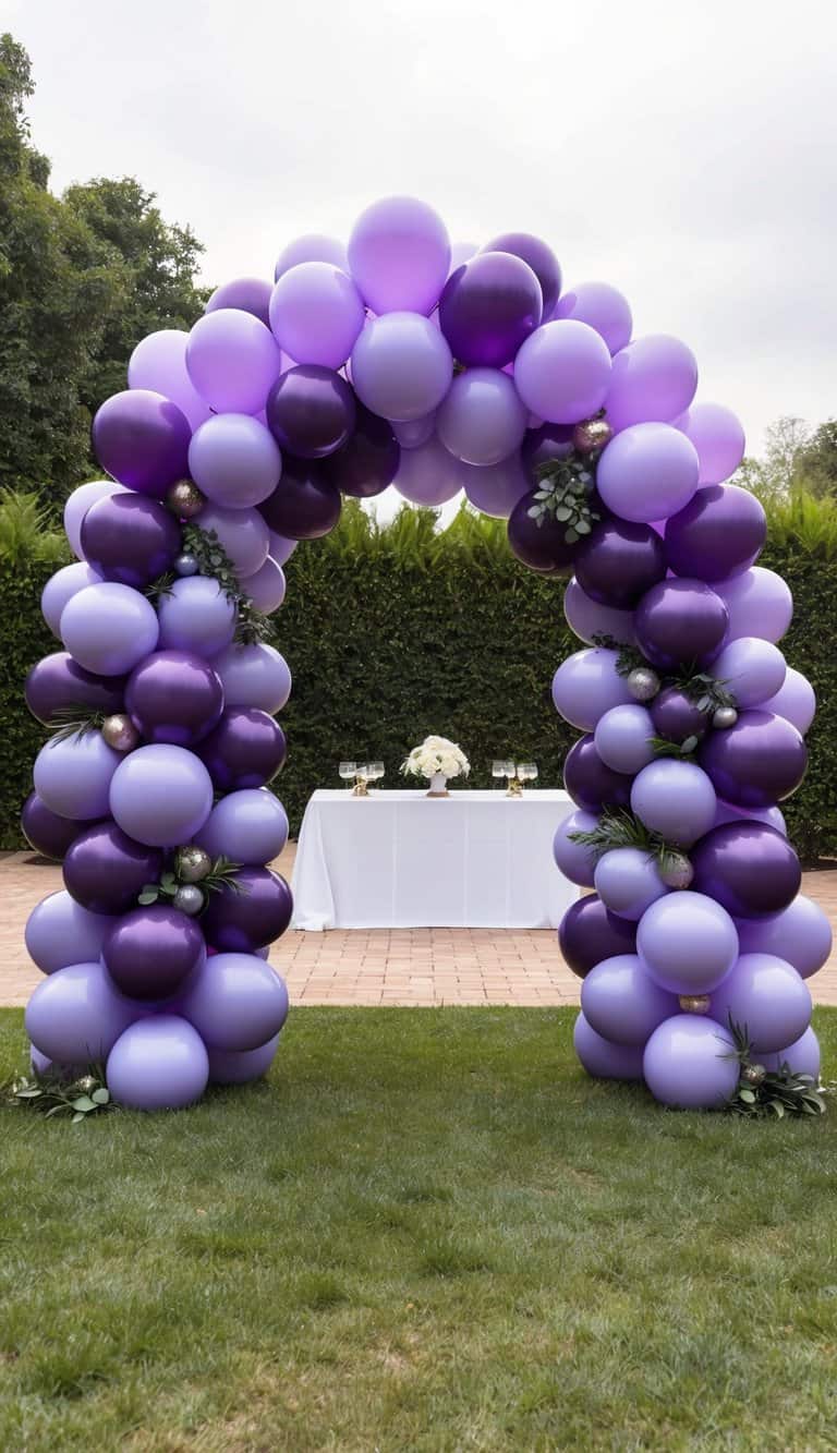 A grand purple balloon arch frames a festive event entrance