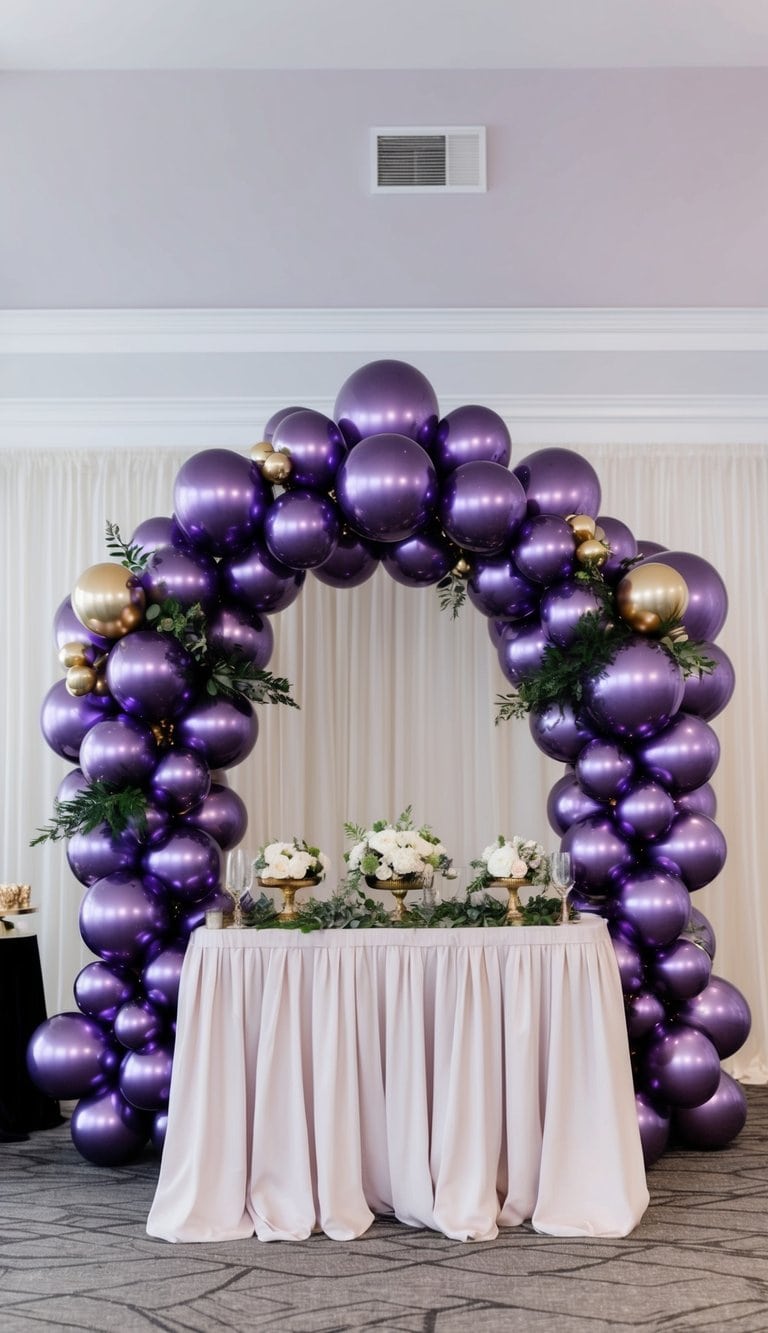 A metallic purple balloon arch with gold accents stands as a stunning centerpiece at a glamorous event
