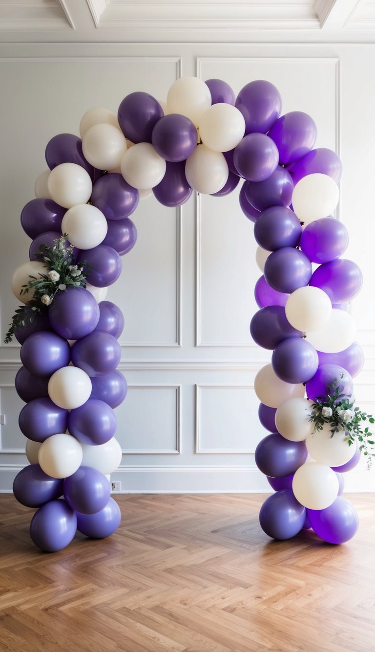 A decorative arch made of purple and white balloons with green foliage and white flowers, set indoors against a white paneled wall and hardwood floor.