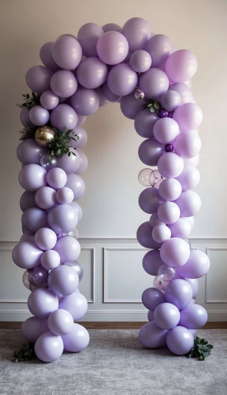 A grand arch of soft pastel purple balloons, gracefully cascading in an elegant and enchanting display