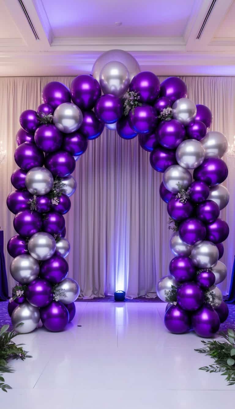 A grand purple and silver balloon arch, adorned with shimmering accents, stands as the focal point of a glamorous event space