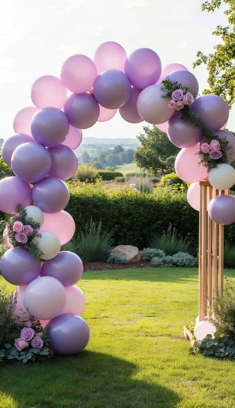 A garden setting with a lavender and rosebud balloon arch framing a picturesque landscape