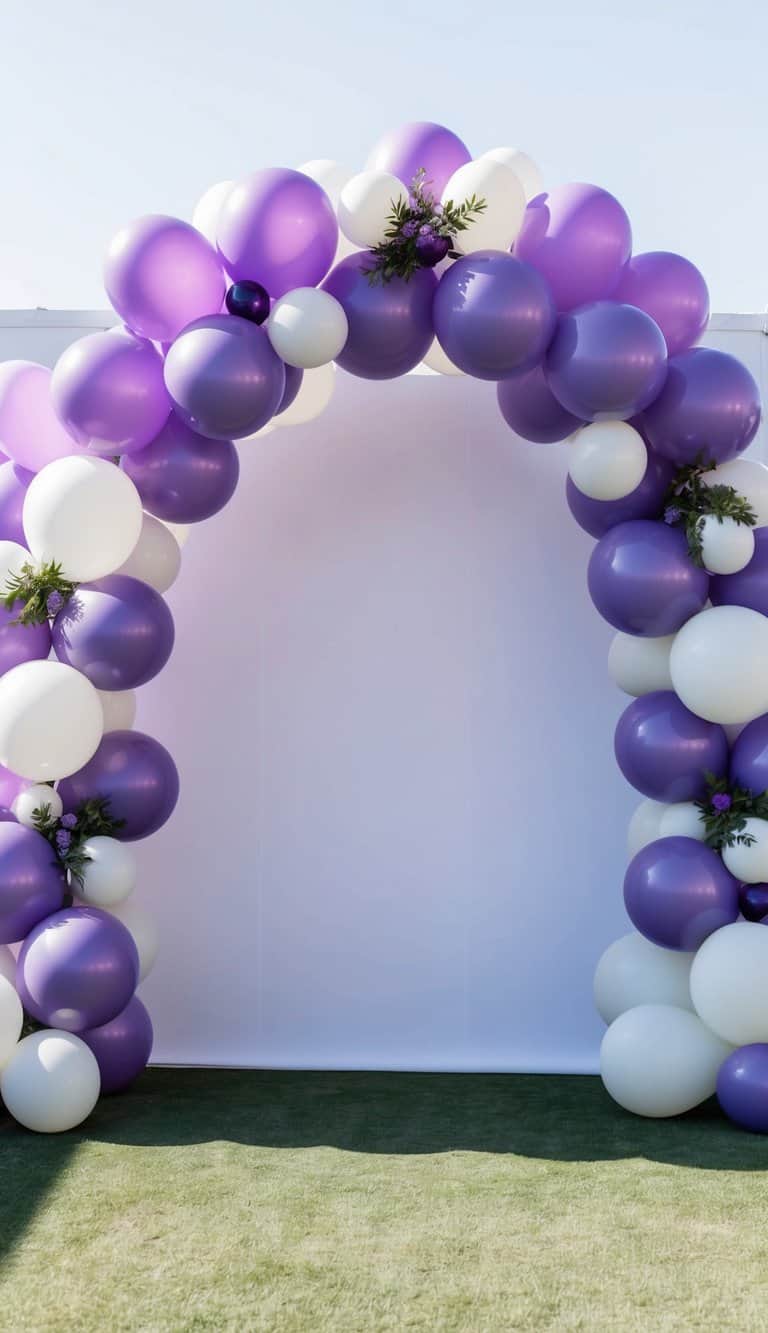 A candy purple and white striped balloon arch stands out against a bright backdrop, creating a stunning visual display