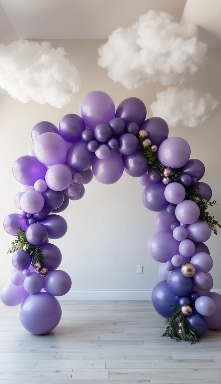 A dreamy purple balloon arch floats among fluffy clouds