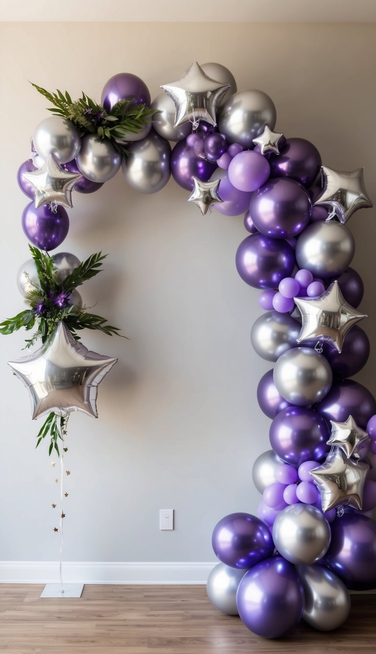 A silver and purple balloon arch with sparkling stars