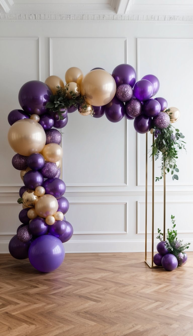 A grand purple and champagne balloon arch stands tall, adorned with shimmering details