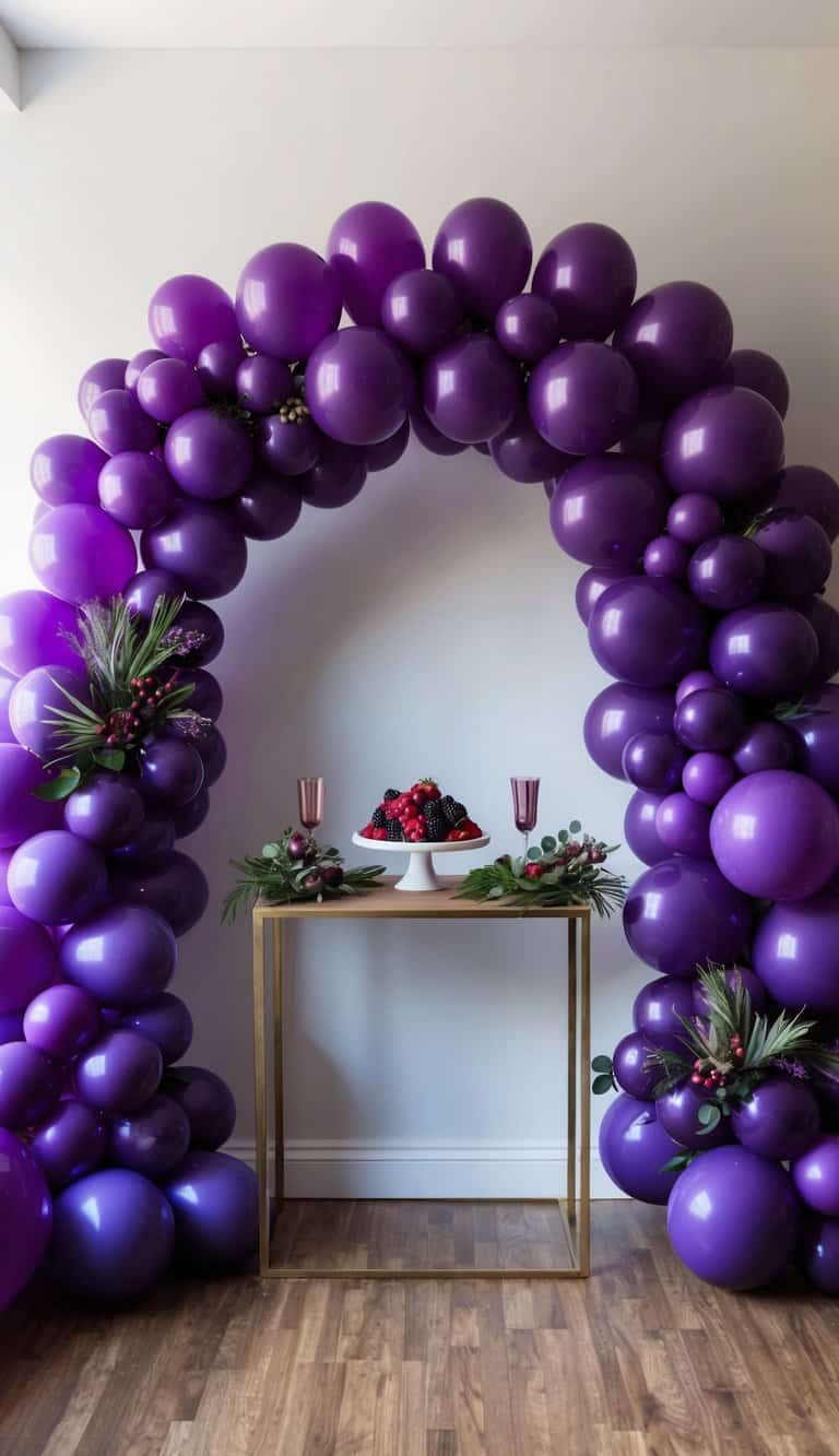 A vibrant purple balloon arch frames a berry mix display
