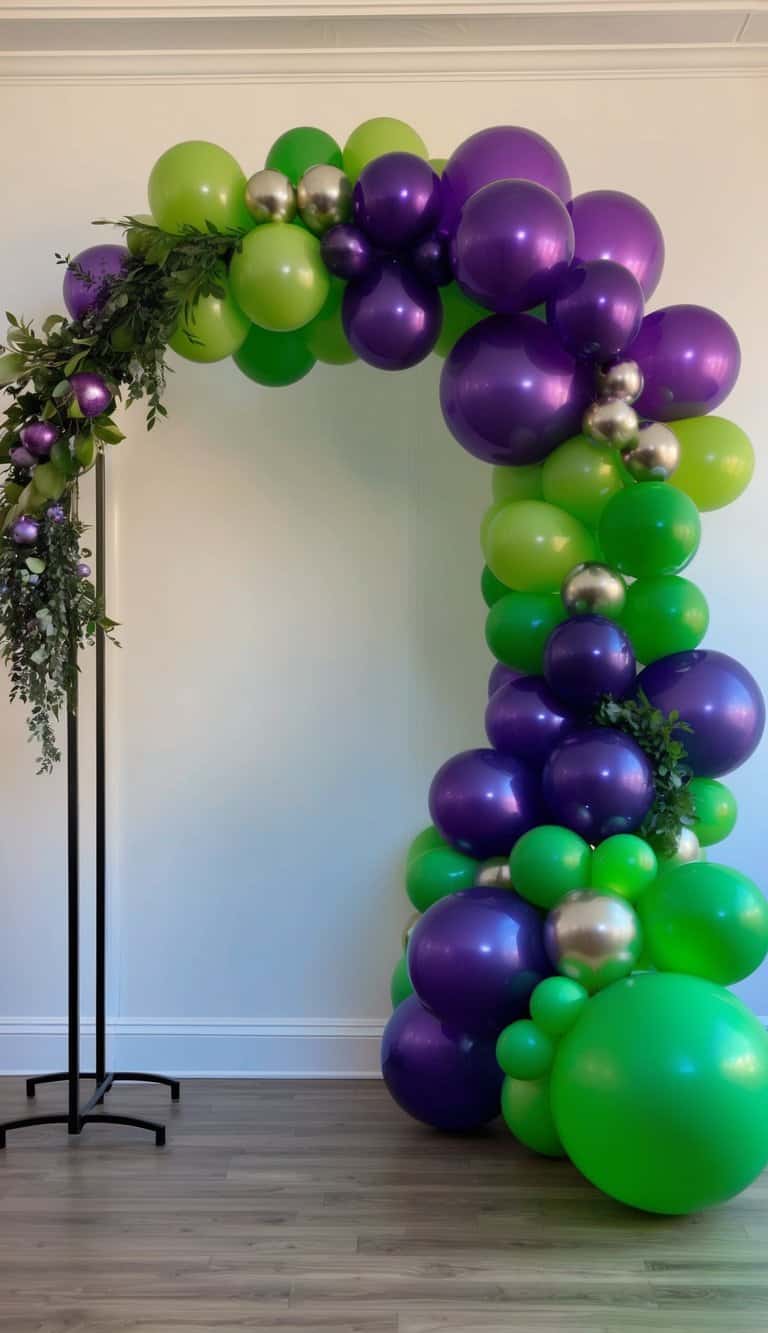 A vibrant balloon arch in shades of bright amethyst and lime green, creating a stunning and eye-catching display