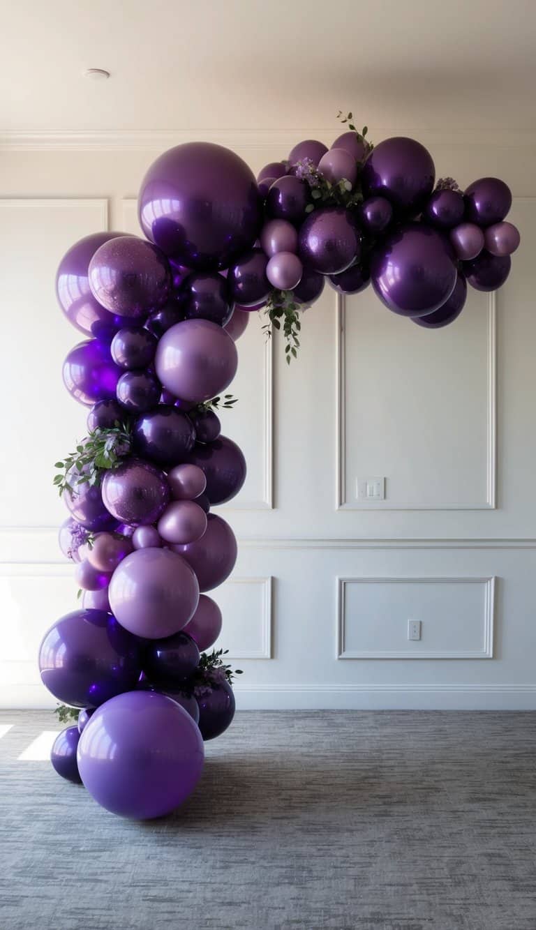 A grand purple balloon arch stands tall, adorned with shimmering shapes and varying shades of regal purple
