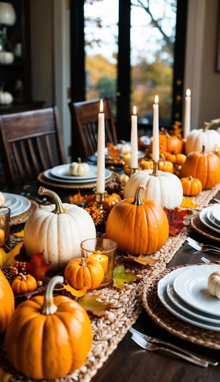 An elegant fall table setting with a pumpkin-themed tablescape featuring autumn leaves, gourds, and candles
