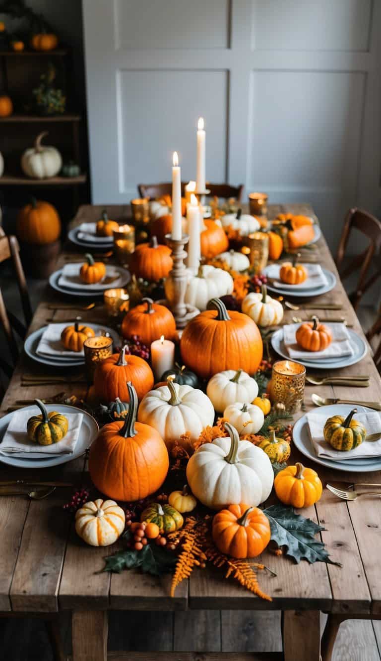 A rustic wooden table adorned with an array of pumpkins, gourds, and fall foliage, accented with candles and vintage-inspired decor