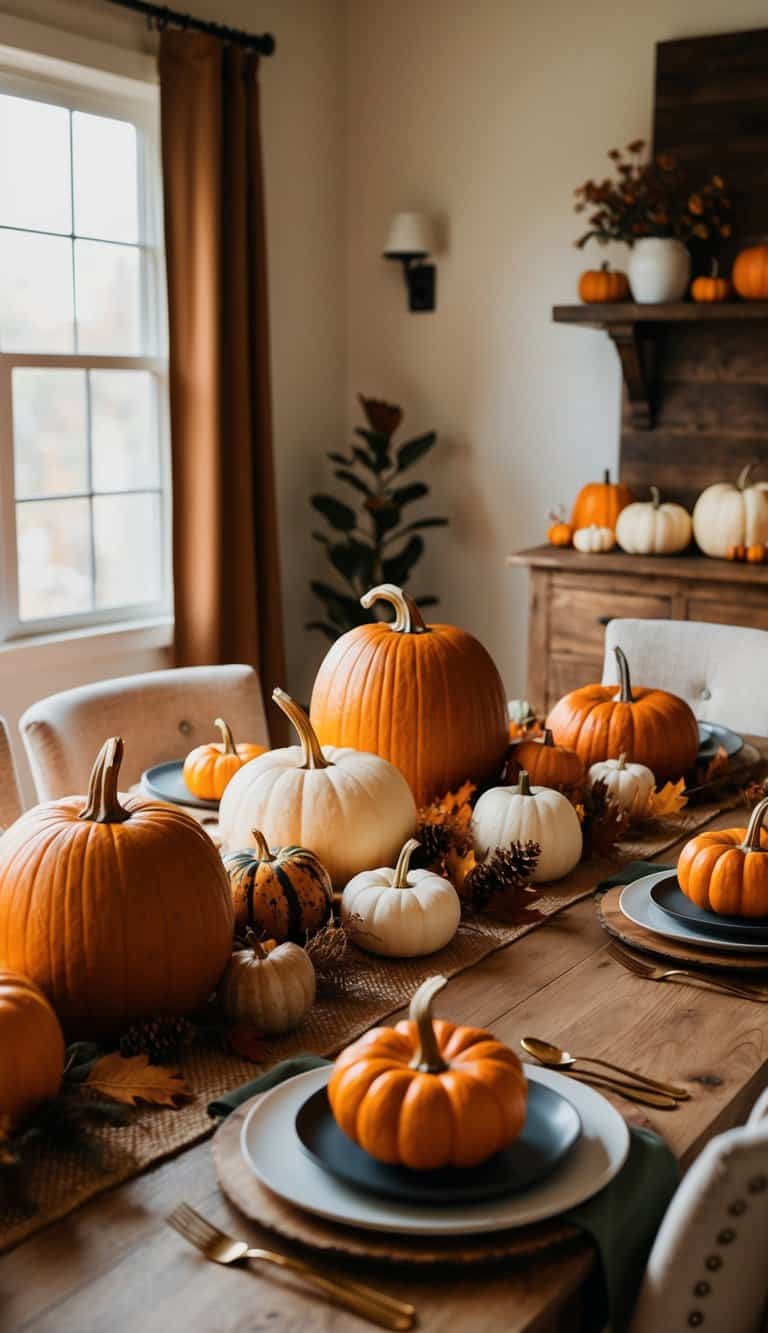 A warm, cozy indoor setting with a pumpkin-themed tablescape, featuring an array of pumpkins, fall foliage, and rustic decor
