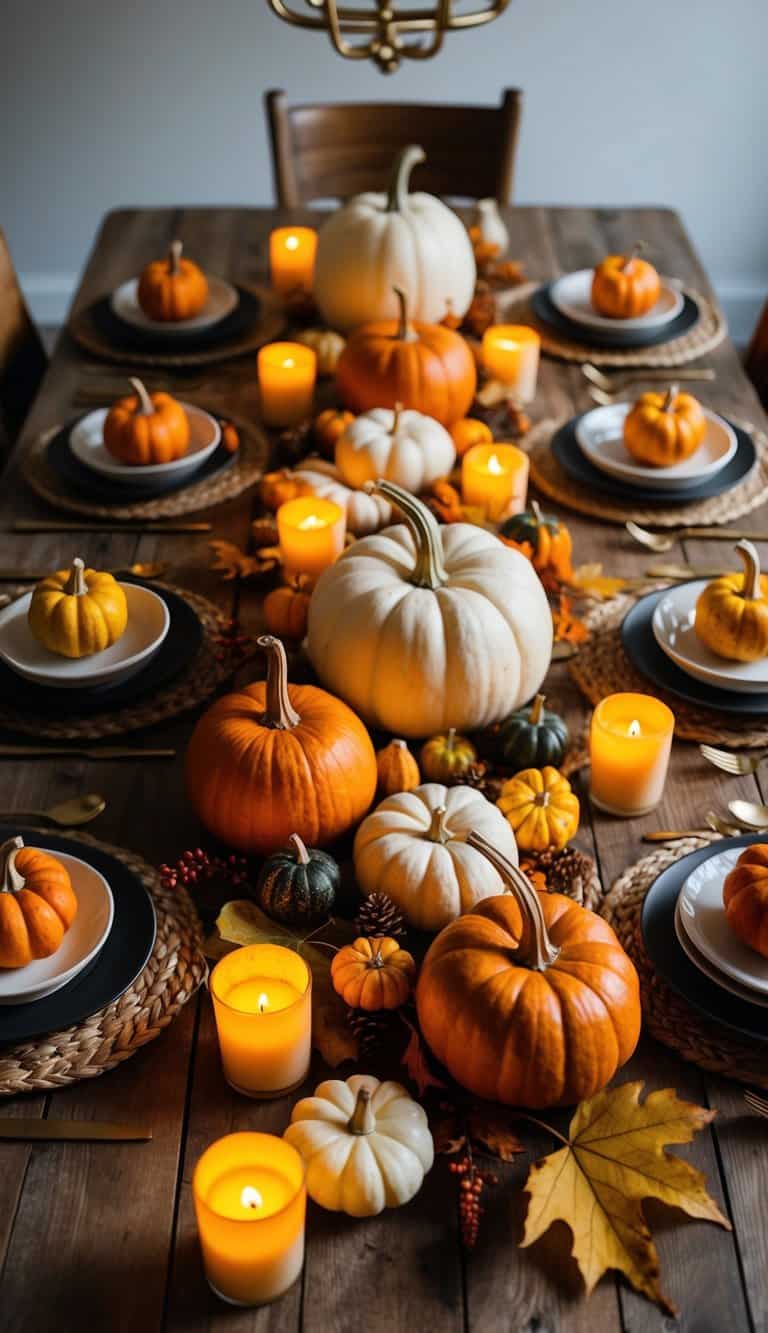 A rustic table adorned with pumpkins, gourds, and autumn leaves, surrounded by flickering candles and cozy fall decor