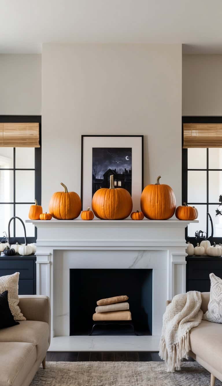 Three pumpkins in varying sizes arranged on a mantel, surrounded by spooky and stylish Halloween decor