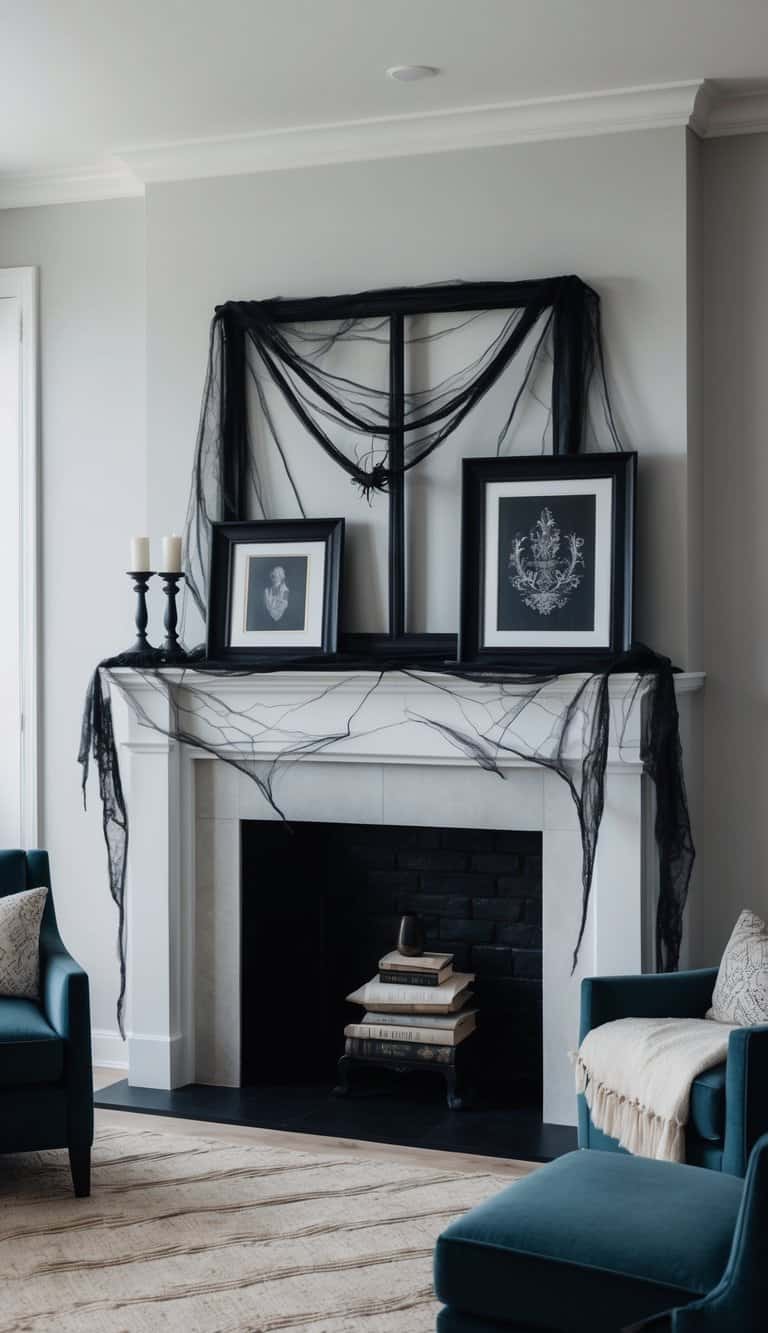 A dark, gothic mantel adorned with eerie frames, cobwebs, and haunting decor
