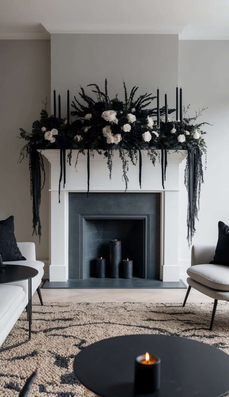 A dark, eerie mantel adorned with gothic floral arrangements, black candles, and spooky decor